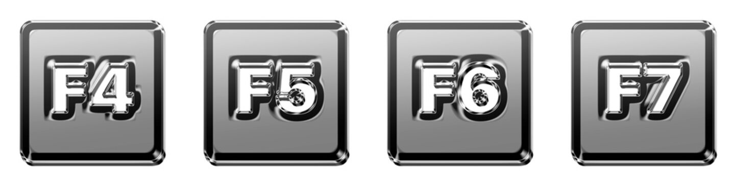 Set of 3D translucent f4 key, f5 key, f6 key, and f7 key icon isolated on transparent background, symbols for Keyboard keys icon collection and design.