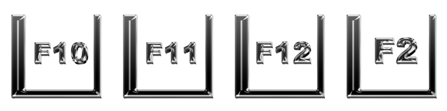 Set of 3D translucent f10 key, f11 key, f12 key, and f2 key icon isolated on transparent background, symbols for Keys icon collection and design. Premium quality render design.