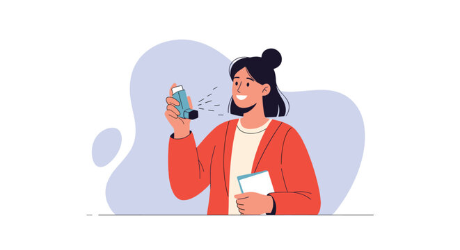 Smiling woman uses a blue inhaler to manage asthma or allergies against a simple blue background in a health and medical illustration.