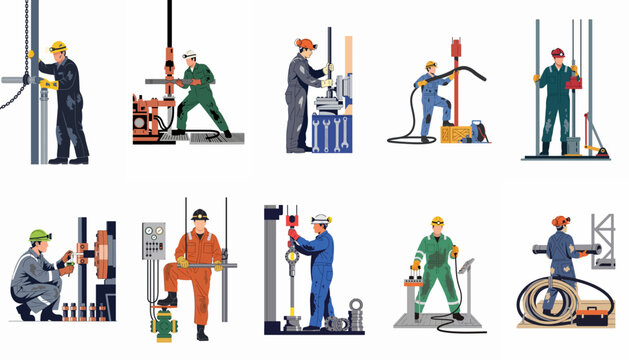 Set of oil rig and mining workers in various poses operating heavy machinery and drilling equipment for the energy and petroleum industries.