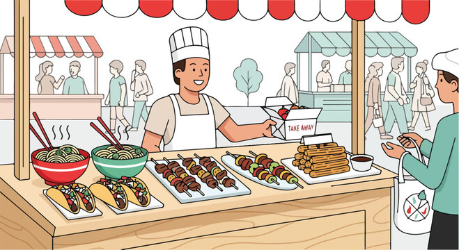 A cartoon chef serving food at an outdoor market