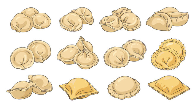 Assorted types of dumplings from different cultures like ravioli, pelmeni, and khinkali are shown in a detailed hand-drawn food collection.