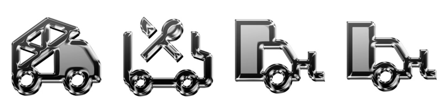 3D icon bundle metallic style - fire truck, food truck, interstate plow track, and interstate plow truck. Cargo & heavy duty vehicles icon collection and design. High quality.