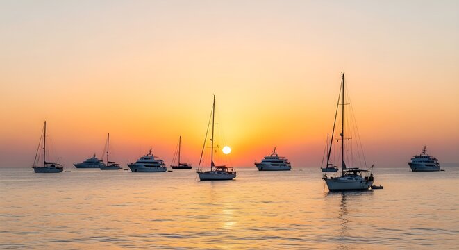 Serene sunrise over tranquil ocean waters with multiple sailboats gracefully gliding, creating a picturesque maritime scene