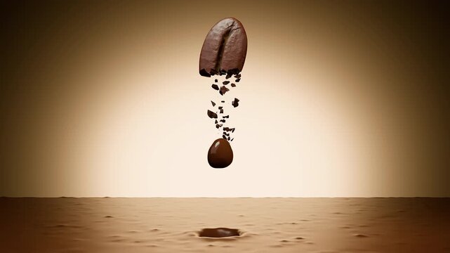3D Blender animation of a coffee bean breaking and releasing rich liquid essence that drips smoothly into a drop, creating a premium and cinematic effect for coffee advertising.
