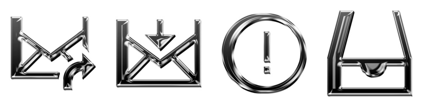 3D icon bundle liquid glass style - forward message, gmail login, high importance, and inbox. Messaging chat and text communication. High quality render design.