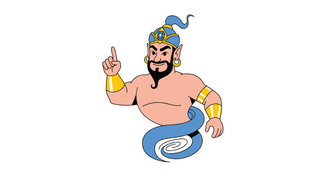 Magical blue genie emerges with a swirl of smoke and points his finger upward as if granting a wish or sharing secret wisdom.