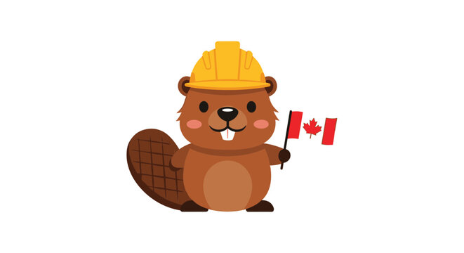 Cute cartoon beaver wearing a yellow construction hard hat and holding a small Canadian flag celebrates national heritage.