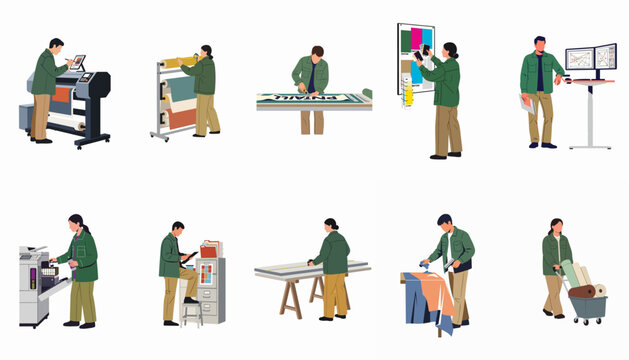 Professional Printing and Signage Production Staff Performing Various Tasks in a Modern Workshop Illustration