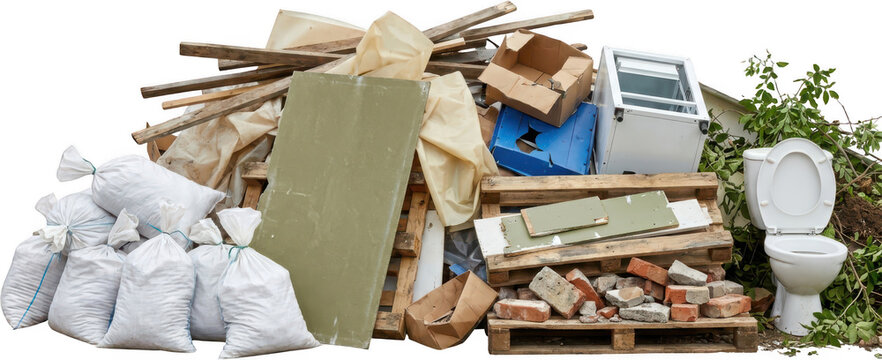 A pile of construction debris including white garbage bags wooden planks plasterboard bricks cardboard boxes and a white toilet trash waste renovation renovation waste landfill