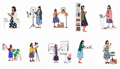 Fototapeta premium Flat Illustrations of a Creative Professional Woman Working in Various Home Office and Media Production Settings