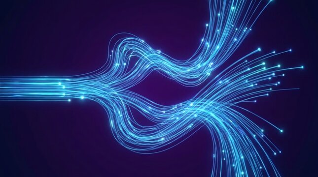 Abstract digital stream of blue fiber optic cables with glowing light particles