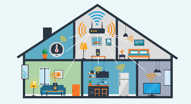 A smart home with various rooms and devices connected