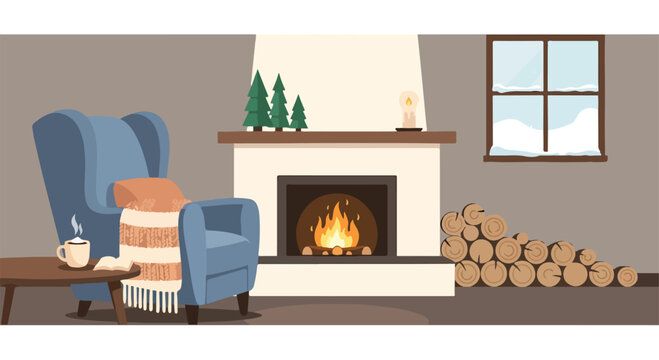 A cozy living room scene with a fireplace and winter view