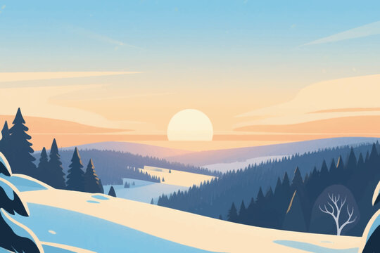 Snowy hills and pine forests at sunrise with warm orange pink glow and soft blue sky.