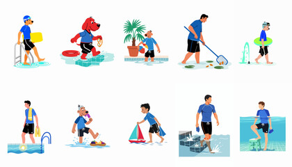 Fototapeta premium Collection of flat vector illustrations depicting people and anthropomorphic dogs engaged in various summer swimming pool activities and maintenance tasks.