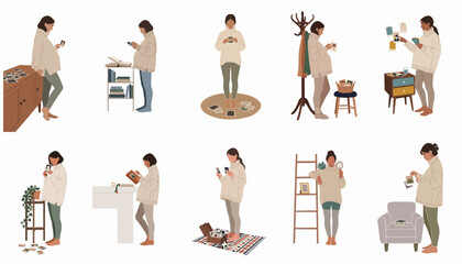 Collection of flat vector illustrations showing a woman organizing and looking at old photographs in various cozy indoor settings.