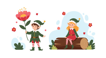 Fototapeta premium Pair of cute festive Christmas elves with one holding a giant red flower and another sitting calmly on a tree log.