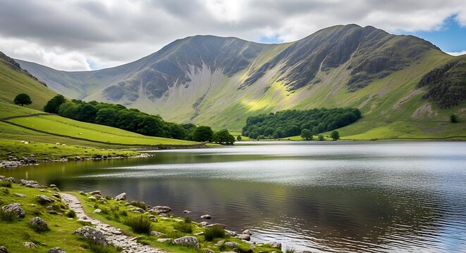 Scenic mountain lake landscape under cloudy sky serene nature panorama
