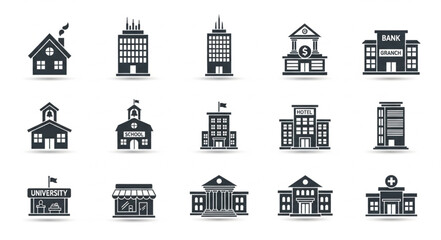 Fototapeta premium Collection of diverse building icons representing various structures.