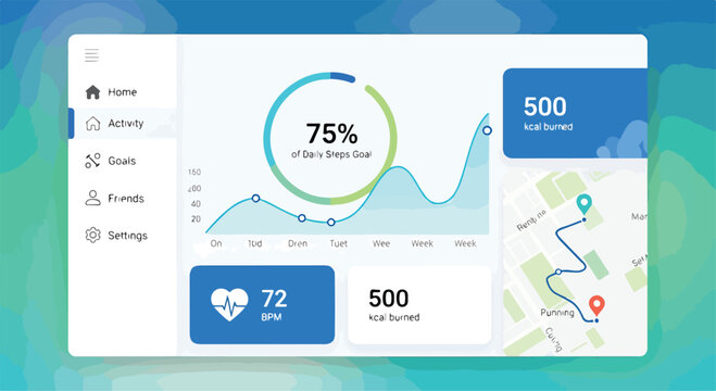 A fitness tracker interface with graphs and maps