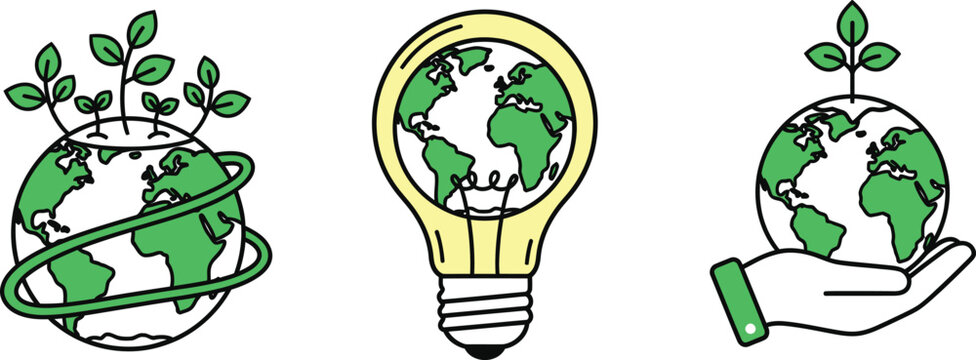 World Environment Day Concept with Hand Holding Earth and Green Plants Set