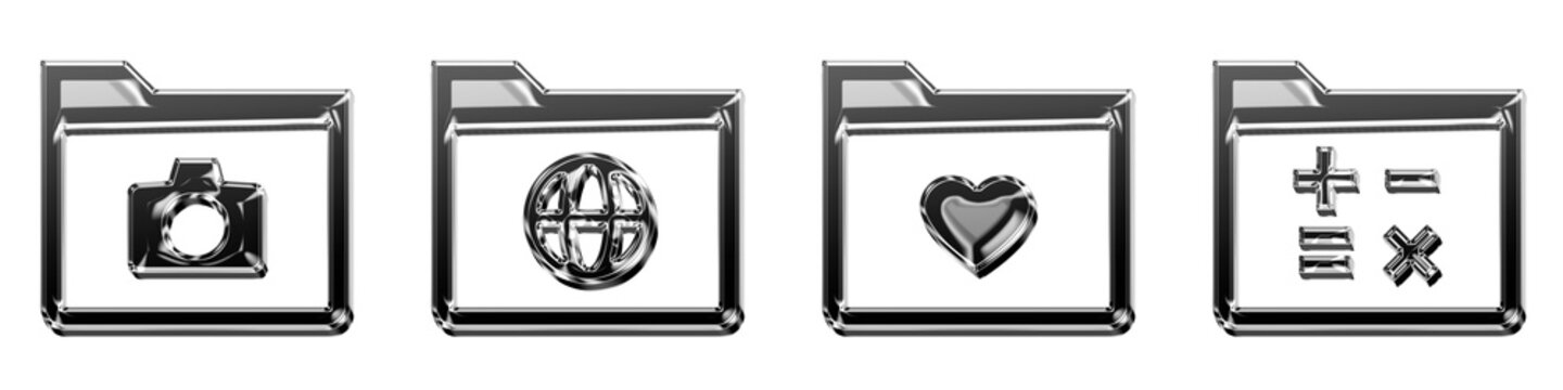 Isolated 3D liquid glass images folder, internet folder, likes folder, and math folder icons with pink purple gradient. Folders and files document storage. Render illustration.