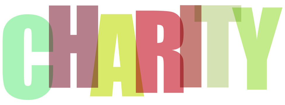 Charity text in soft pastel colors with 3d effect on transparent grid background.