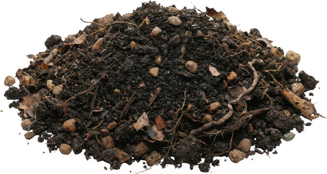 A pile of rich dark soil featuring small stones dry leaves and visible roots creating a natural texture dirt earth gardening compost organic humus ground loose brown granular