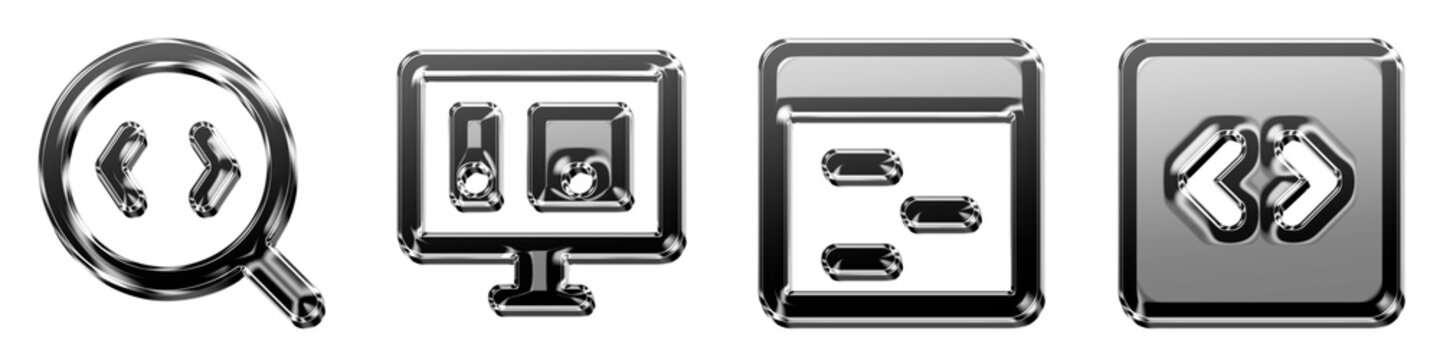 Volumetric style 3D icons of inspect code, media queries, outline, and placeholder thumbnail xml on transparent background. Programming code and software developer tools. Vibrant.