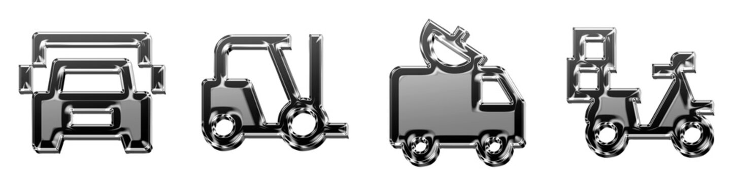 Isolated 3D plastic interstate truck, loader, mobile unit, and motorcycle delivery multiple boxes icons with purple blue gradient. Cargo & heavy duty vehicles icon collection and.