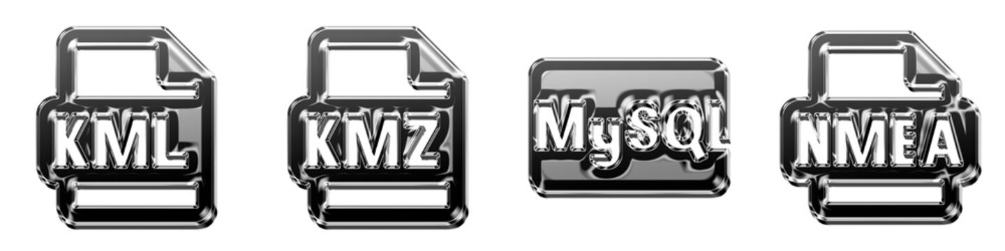 Set 3D chrome kml, kmz, mysql, and nmea pictograms. Data files icon collection and design. Glossy icon illustration. High resolution 3D artwork. Stylized vector icon collection.