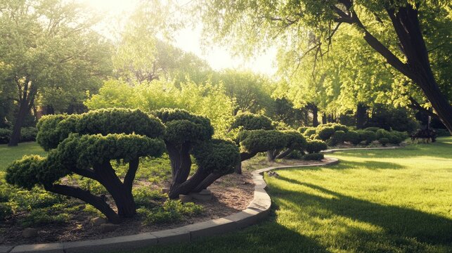 Sunlit parkland with sculpted topiary