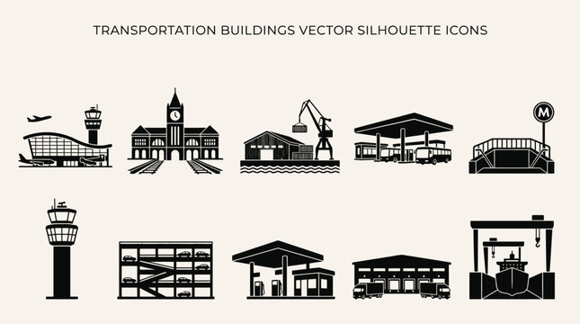 Collection of Silhouette Icons Representing Various Transportation and Building Structures for Design Projects