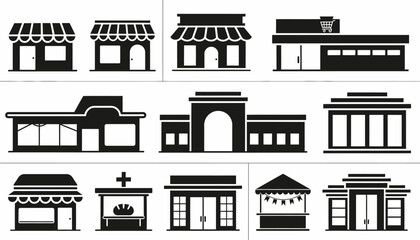 Fototapeta premium Vector set of diverse shop facades and commercial buildings, featuring various storefronts, market stalls, and retail establishments for business graphics
