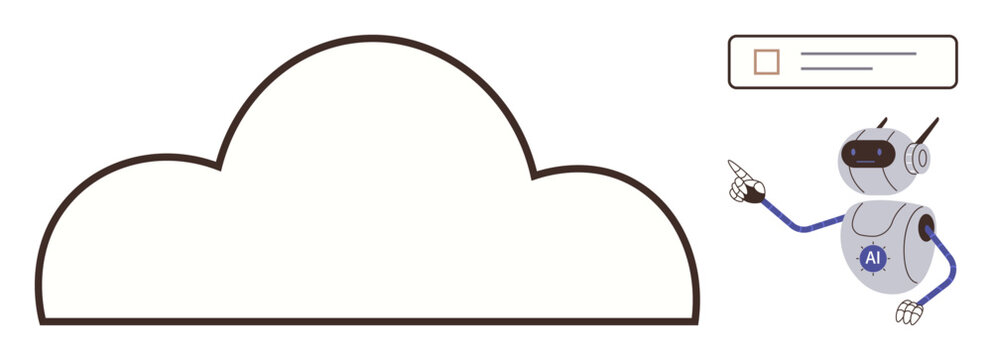 Cloud computing, artificial intelligence, data storage, digital services, machine learning, and automation. AI robot pointing at a cloud and digital interface. Cloud computing and artificial