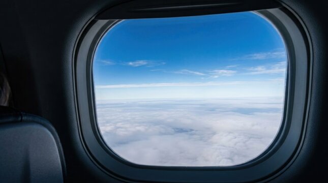 A view from an airplane window, showing a clear blue sky with some clouds and the ocean below.