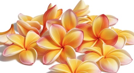 Obraz premium Heap of tropical plumeria flowers in yellow and pink shades.