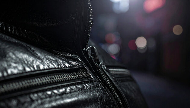 Close-up of a black leather jacket zipper with blurred city lights background metal
