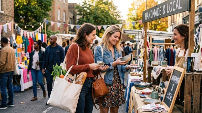 Two women shopping at a street market, surrounded by handmade and local goods, with a sign reading 'Handmade & Local' in the background.