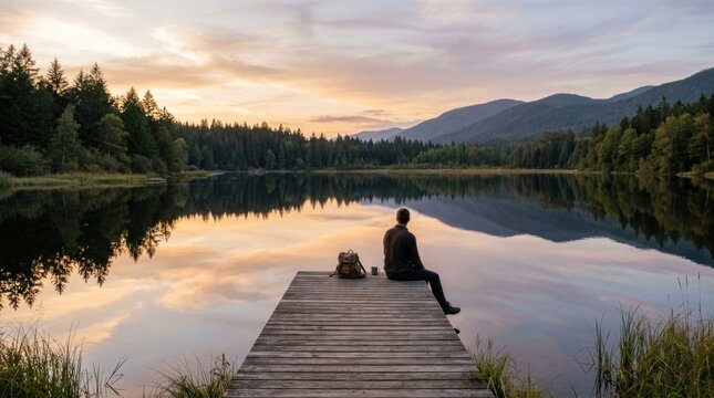 A person sitting on a wooden dock at sunset, overlooking a calm lake with mountains in the background. The person is wearing a backpack and has a contemplative expression on their face.