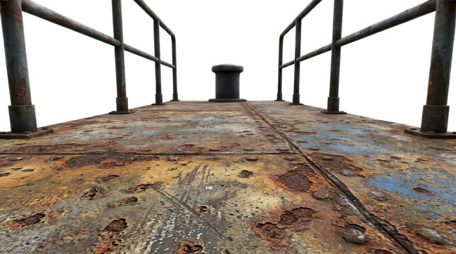 A close up perspective looking down a weathered rusty metal deck with a mooring bollard and metal railings Rusty texture on deck plates showing signs of age and corrosion with hints of blue