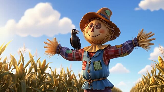 Cartoon scarecrow in a cornfield with a crow perched on its arm, under a blue sky