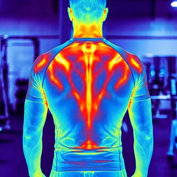 Thermal image of a man's back showing muscle activity and heat distribution during exercise in a gym setting.