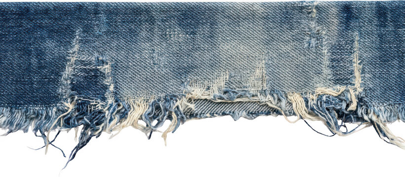 Close up texture of distressed blue denim fabric with frayed edges and worn threads showcasing its intricate weave and weathered appearance material textile cotton woven jeans