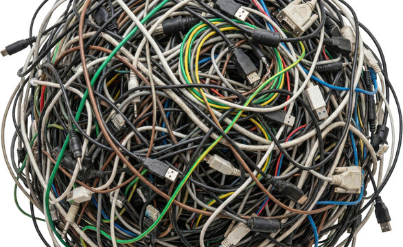 A chaotic spherical mass composed of tangled electrical wires and various connector types creating a complex web of multimedia cables tangled wires cable clutter electrical cord