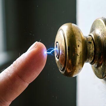 A human finger discharging static electricity onto a brass doorknob, creating a visible blue spark.