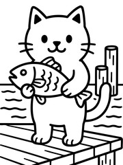 Fototapeta premium Catch of the Day: An adorable cat proudly holds up a freshly caught fish, smiling with satisfaction from the dock, a testament to its successful fishing trip. 