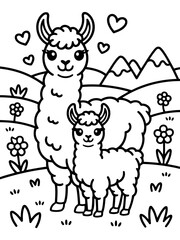 Fototapeta premium Love in the Meadow: An endearing illustration portrays a tender moment between a mother and baby llama, their hearts intertwined amidst a field of flourishing flowers and rolling hills.