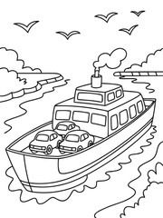 Fototapeta premium Ferryboat crossing the water: A detailed illustration captures the essence of a ferry transporting cars across a waterway, with seagulls overhead.